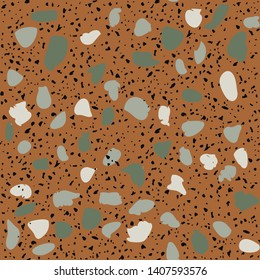 Terrazzo flooring seamless pattern. Vector stone, marble texture. Abstract brown background