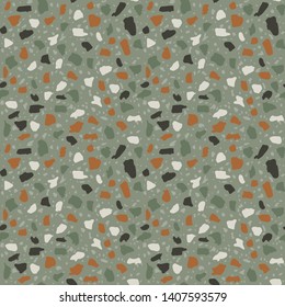 Terrazzo flooring seamless pattern. Vector stone, marble texture, modern surface. Abstract grey background