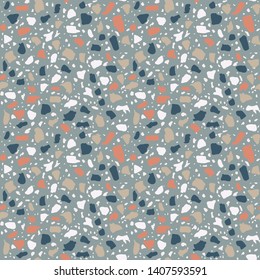 Terrazzo flooring seamless pattern. Vector stone, marble texture, modern surface. Abstract grey background