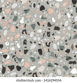Terrazzo flooring seamless pattern. Vector stone, marble texture, modern surface. Abstract grey background