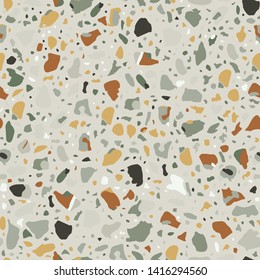 Terrazzo flooring seamless pattern. Vector stone, marble texture, modern surface. Abstract grey background