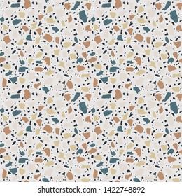 Terrazzo flooring seamless pattern. Vector stone, marble texture, modern surface. Abstract grey background