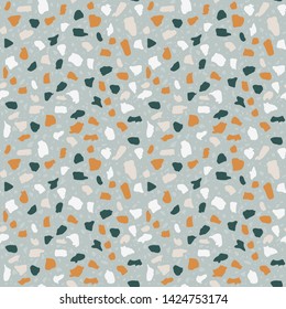 Terrazzo flooring seamless pattern. Vector stone, marble texture, modern surface. Abstract grey background