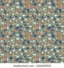 Terrazzo flooring seamless pattern. Vector stone, marble texture, modern surface. Abstract blue background