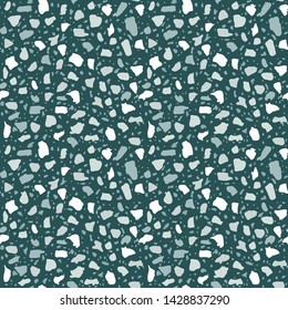 Terrazzo flooring seamless pattern. Vector stone, marble texture, modern surface. Abstract blue background