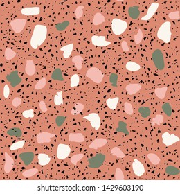 Terrazzo flooring seamless pattern. Vector stone, marble texture. Abstract pink background