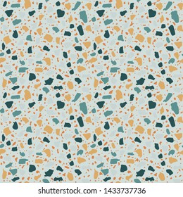 Terrazzo flooring seamless pattern. Vector stone, marble texture, modern surface. Abstract blue background
