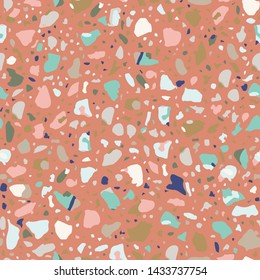Terrazzo flooring seamless pattern. Vector stone, marble texture, modern surface. Abstract pink background