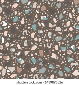 Terrazzo flooring seamless pattern. Vector stone, marble texture, modern surface. Abstract grey background
