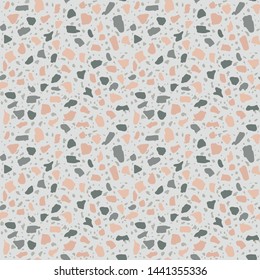 Terrazzo flooring seamless pattern. Vector stone, marble texture, modern surface. Abstract grey background