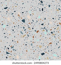Terrazzo flooring seamless pattern. Vector realistic asphalt texture with colorful mosaic elements. Terrazo tile with natural pieces of marble, granite or quartz. Classic Italian floor background