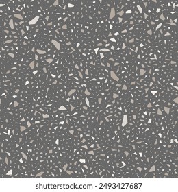 Terrazzo flooring seamless pattern. Vector realistic asphalt texture with grey mosaic abstract elements. Terrazo tile with natural pieces of marble, granite or quartz. Classic Italian floor background