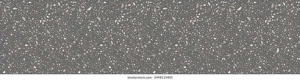 Terrazzo Bodenbelag nahtlose Muster. Vektorrealistische Asphalttextur mit grauen abstrakten Mosaikelementen. Terrazo-Fliese mit natürlichen Marmorstücken, Granit oder Quarz. Klassischer italienischer Hintergrund