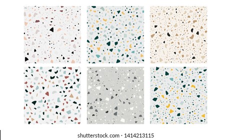 Terrazzo Flooring Seamless Patterns Set Vector. Collection Of Marble Rock Terrazzo Stone Texture Interior Or Exterior Design. Pebble Depiction For Ground Covering Decoration Flat Illustration