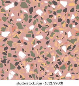Terrazzo-Bodenbelag, nahtlose rosa Muster-Struktur. Abstraktes Vektorhintergrunddesign für Druck auf Boden, Wand, Fliesen oder Textilien