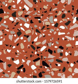Terrazzo flooring seamless texture. Red, white and black polished pebble, stone tile. Abstract pattern, vector background. 