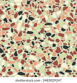 Terrazzo flooring texture. Granito tiles of recycled glass, natural stone, quartz, marble chips. Kitchen vintage surfaces. Abstract seamless pattern in beige colour. Vector wallpaper