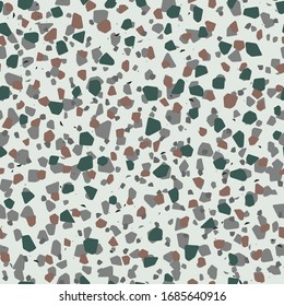 
Terrazzo flooring texture. Polished pebbles. Abstract blue beige and orange color seamless pattern, vector background. Italian style tile pieces of stone, marble and glass.