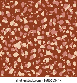 
Terrazzo flooring texture. Polished pebbles. Abstract blue beige and orange color seamless pattern, vector background. Italian style tile pieces of stone, marble and glass.