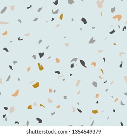 Terrazzo flooring texture seamless pattern. Abstract geometric shapes background. Creative italian style for classic surface design. Vector art illustration in pastel color scheme