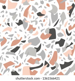 Terrazzo flooring texture seamless pattern. Abstract geometric shapes background. Creative italian style for classic surface design. Vector art illustration in natural stone scheme