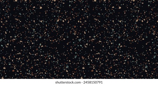 Textura de suelo de terrazo. Vector patrón sin fisuras de la superficie del piso del mosaico con las virutas naturales de la piedra, granito, mármol, partículas de cristal coloreadas. Fondo de moda en colores oscuros, verde, marrón, negro