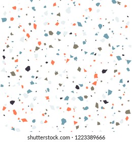 Terrazzo flooring textured surface modern abstract pattern. Vector seamless abstract repeat with chips of marble or granite in soft pastel  colors.