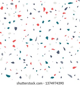 Terrazzo flooring textured surface modern abstract pattern. Vector seamless abstract repeat with chips of marble or granite in soft pastel  colors.