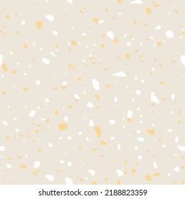 Terrazzo flooring textured surface modern abstract pattern. Vector seamless abstract repeat with chips of marble or granite in soft pastel colors on beige background.
