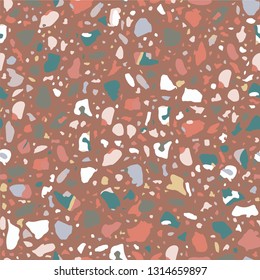 Terrazzo flooring vector brown seamless pattern. Texture with telltale chips of marble, natural stone, quartz, granite, glass set