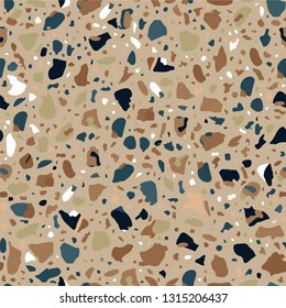 Terrazzo flooring vector brown seamless pattern. Texture with telltale chips of marble, natural stone, quartz, granite, glass set