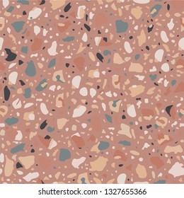 Terrazzo flooring vector brown seamless pattern. Texture with telltale chips of marble, natural stone, quartz, granite, glass set