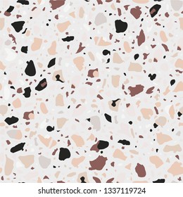 Terrazzo flooring vector brown seamless pattern. Texture with telltale chips of marble, natural stone, quartz, granite, glass set