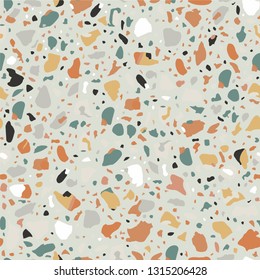 Terrazzo flooring vector grey seamless pattern. Texture with telltale chips of marble, natural stone, quartz, granite, glass set