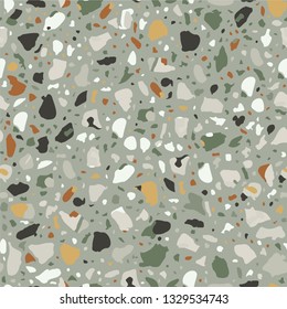 Terrazzo flooring vector grey seamless pattern. Texture with telltale chips of marble, natural stone, quartz, granite, glass set