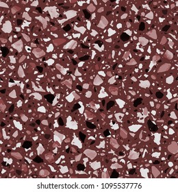 Terrazzo flooring vector seamless pattern in dark red colors. Classic italian type of floor in Venetian style composed of natural stone, granite, quartz, marble, glass and concrete