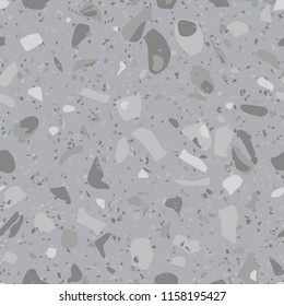 Terrazzo flooring vector seamless pattern. Concrete floor texture with natural stone fragments, granite, marble. Grey grainy cement background. Trendy repeat design for ceramic, interior, home decor