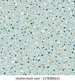 Terrazzo flooring vector seamless pattern in light green colors with accents. Classic italian type of floor in Venetian style composed of natural stone, granite, quartz, marble, glass and concrete