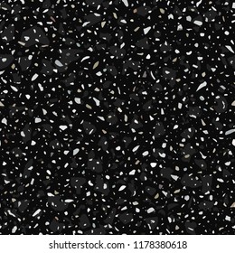 Terrazzo flooring vector seamless pattern in dark colors with accents. Classic italian type of floor in Venetian style composed of natural stone, granite, quartz, marble, glass and concrete