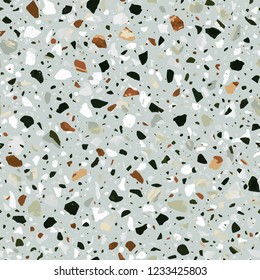 Terrazzo flooring vector seamless pattern in gray, yellow and red colors. Classic italian type of floor in Venetian style composed of natural stone, granite, quartz, marble, glass and concrete