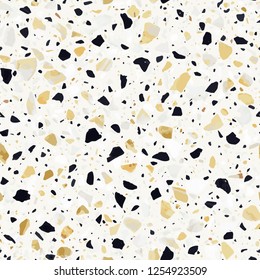 Terrazzo flooring vector seamless pattern in yellow colors. Classic italian type of floor in Venetian style composed of natural stone, granite, quartz, marble, glass and concrete