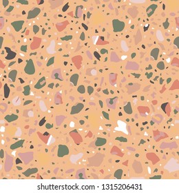 Terrazzo flooring vector seamless pattern. Texture with telltale chips of marble, natural stone, quartz, granite, glass set.