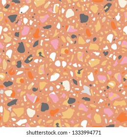 Terrazzo flooring vector seamless pattern. Texture with telltale chips of marble, natural stone, quartz, granite, glass set.