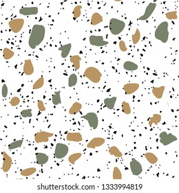 Terrazzo flooring vector seamless pattern on white background. Texture with black stones, quartz, granite, glass