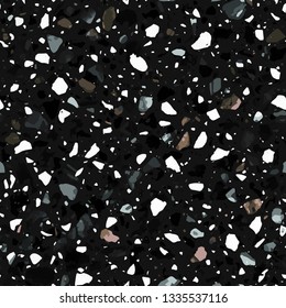 Terrazzo flooring vector seamless pattern in dark colors. Classic italian type of floor in Venetian style composed of natural stone, granite, quartz, marble, glass and concrete