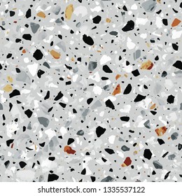 Terrazzo flooring vector seamless pattern in gray colors. Classic italian type of floor in Venetian style composed of natural stone, granite, quartz, marble, glass and concrete