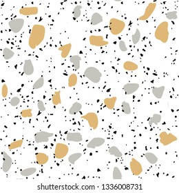 Terrazzo flooring vector seamless pattern on white background. Texture with black stones, quartz, granite, glass
