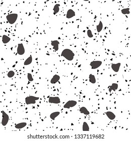 Terrazzo flooring vector seamless pattern on white background. Texture with black stones, quartz, granite, glass. Vector illustration.