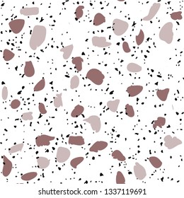 Terrazzo flooring vector seamless pattern on white background. Texture with black stones, quartz, granite, glass. Vector illustration.