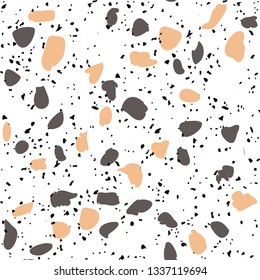 Terrazzo flooring vector seamless pattern on white background. Texture with black stones, quartz, granite, glass. Vector illustration.